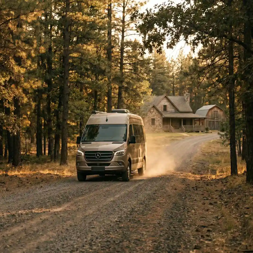 Illustration of an RV parked at a scenic private property destination