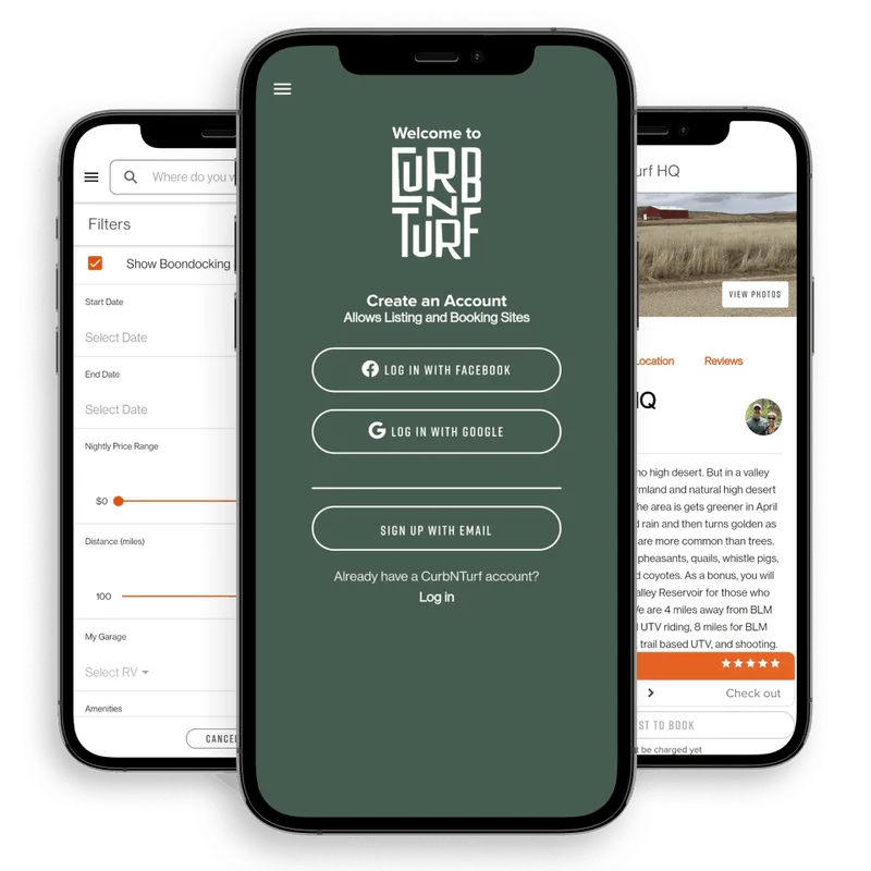 Three iPhone screens showing the CurbNTurf app — map view, booking flow, and trip planner