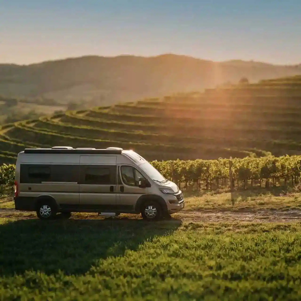 Class B van parked beside a vineyard at sunset with golden light over rolling hills